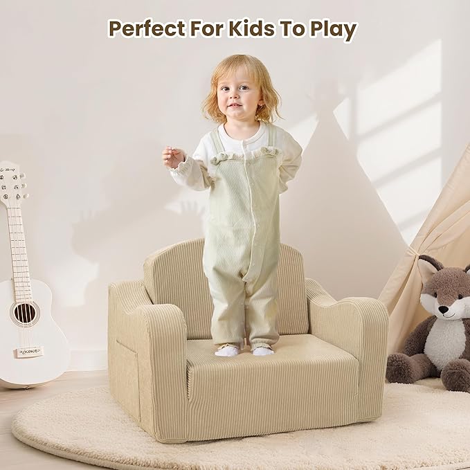 Comfy Toddler Chair for Kids, 2-in-1 Toddler Soft Plush Couch Fold Out, Convertible Kids Couch to Lounger, Baby Sofa for Boys and Girls, Beige