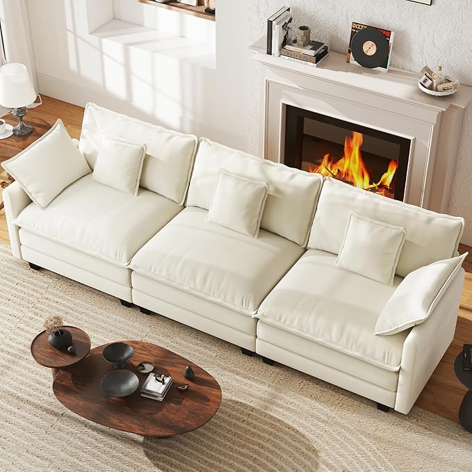 111.4” Cloud Couch Modular Sectional Sofa, Comfy Modern 3-Seater Couches with Pillows & Upholstered Deep Seat Cushion for Apartment Living Room Bedroom （Beige）