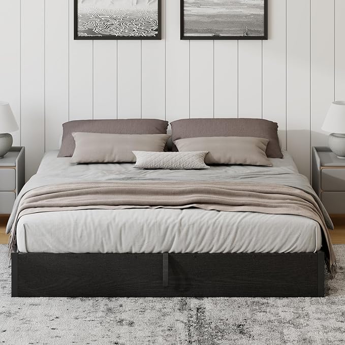 Queen Size Lift-Up Storage Platform Bed Frame, Metal Bed Frame with Wooden Slats Support, Spacious Underneath Storage, No Box Spring Required, Noise-Free, Black