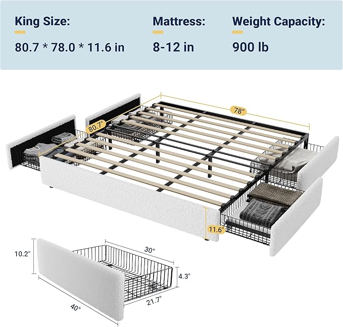 Allewie King Size Bed Frame with 4 Oversized Storage Drawers, Soft Teddy Fabric, Boucle Upholstered Platform Bed, Wooden Slats Support, Noise-Free, No Box Spring Needed, Easy Assembly, White