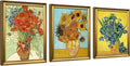 Wieco Art Framed 3 Panels Wall Art of Vincent Van Gogh Paintings Red Poppies and Daisies Sunflower Irises in Vase Canvas Prints for Wall and Home Decorations Bronze Gold Frame