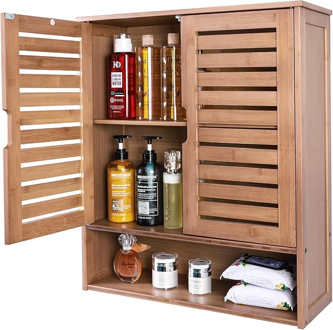 HYNAWIN Bamboo Wall Cabinet, Over Toilet Bathroom Furniture, Wall Mounted Storage Medicine Cabinet with Two Doors & Adjustable Shelves, for Bathroom, Kitchen, Living Room, Walnut, Dark Brown