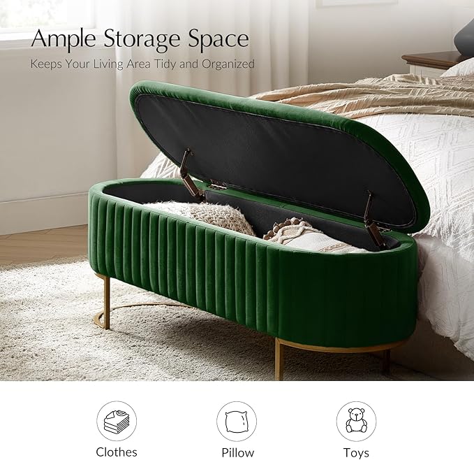 EcoHarbor Living 50.5" Velvet Bedroom Storage Bench Ottoman, Upholstered End of Bed Bench with Gold Legs,Entryway Footrest Seat