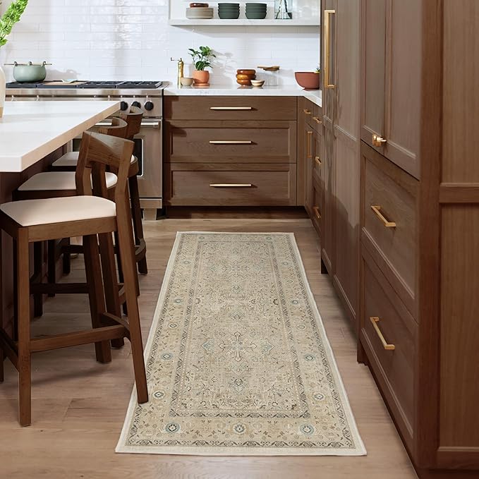 RUGGABLE Washable Vintage Area Rug – Kamran Ivory Opal 6 ft Round, Stain-Resistant, Non-Slip – Medium Machine Washable Rugs for Living Room, Bedroom, Hallway, Entryway & Office–with Cushioned Pad
