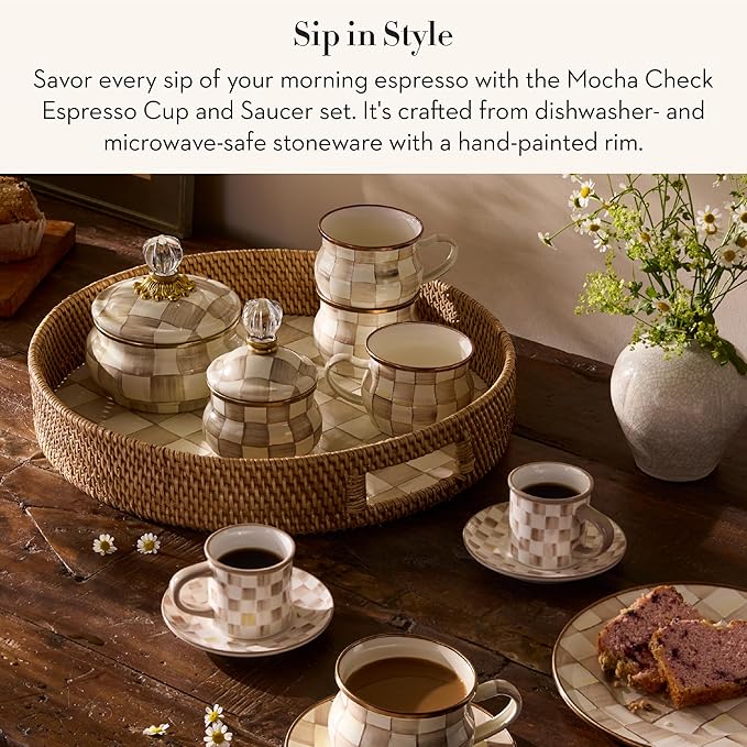 MACKENZIE-CHILDS Set of 2 Stoneware Espresso Cup and Saucer, Cute Coffee Cups, Brown-and-White Mocha Check