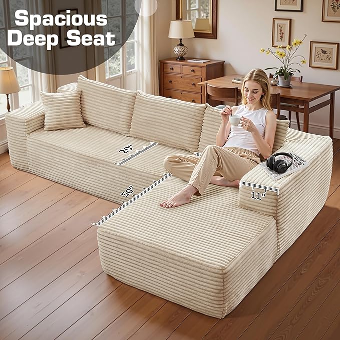 106" Cloud Sectional Couch with Chaise Lounge,L Shaped Modular Modern Sofa,Comfy Corduroy Fluffy Couches with Deep Seat,No Assembly Required Couch for Living Room(Right,Plush Corduroy,Beige)