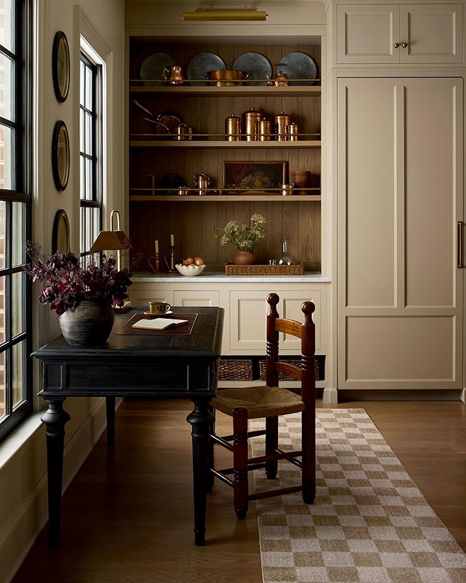 Loloi Chris Loves Julia Calvin Collection CLV-01 Wheat/Ivory 7'-10" x 7'-10" Round Area Rug Checkered Neutral Soft Living Room Bedroom Carpet