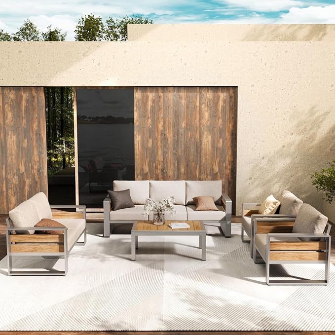 ZANDOR Aluminum Outdoor Patio Conversation Furniture Set, 4 PCS Metal Modern Outside Sectional Lawn Furniture with Coffee Table & Washable Thick Cushions,Seating Sofa for Garden/Backyard/Porch Silver