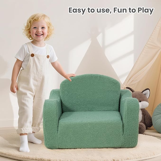Comfy Toddler Chair & Kids, 2-in-1 Soft Couch Fold Out for Kids, Toddler Chairs Comfy 1-3 Years Old, Convertible Plush Sofa to Lounger for Girls and Boys, Green