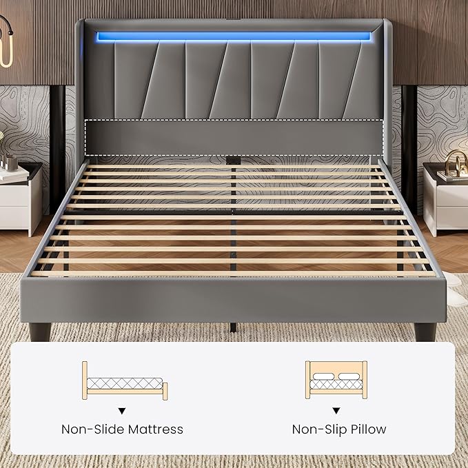 SHA CERLIN Full Size Bed Frame with Charging Station and LED Lights, Modern Velvet Platform Bed with Upholstered Geometric Wingback Headboard, No Box Spring Needed, Easy Assembly, Grey