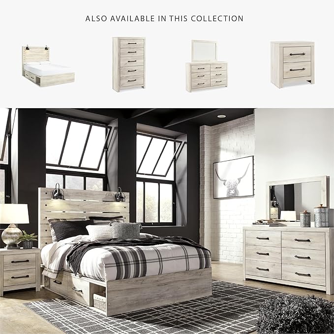 Signature Design by Ashley Cambeck Farmhouse Queen Panel Platform Bed with 2 Storage Drawers, Cubbies, Sconce Lights and USB Ports, Foundation or Box Spring Not Needed, Whitewash