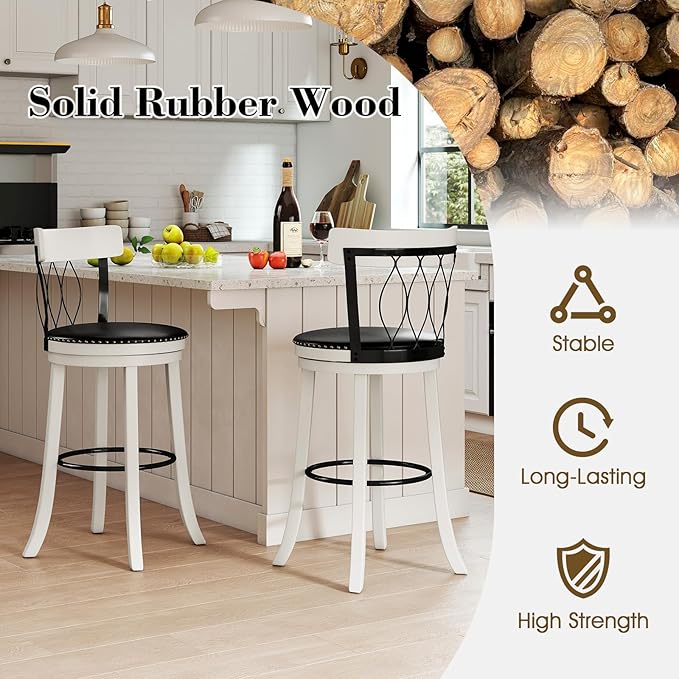 COSTWAY Bar Stools Set of 2, 30” Seat Height Swivel Barstools with Ergonomic Backrest, Soft Cushion & Footrest, Rubber Wood Bar Height Bar Chairs Upholstered Dining Chairs for Kitchen Island