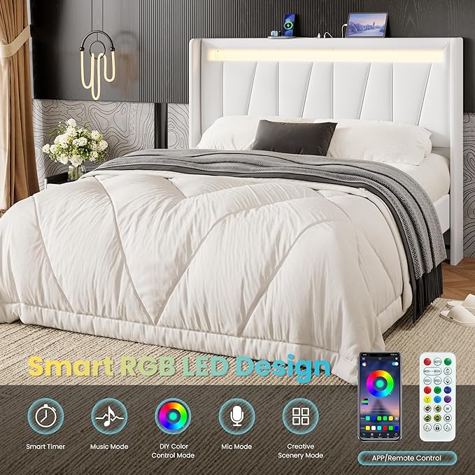 SHA CERLIN Queen Bed Frame with Charging Station and LED Lights, Modern Velvet Platform Bed with Upholstered Geometric Wingback Headboard, No Box Spring Needed, Easy Assembly, White