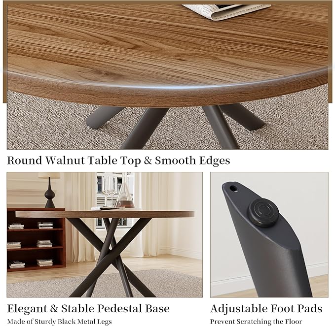 45.3 Inch Round Dining Table Set for 4, Mid Century Modern Small Coffee Set for Dining Room Kitchen Apartment (Light Walnut + 4 U-Shaped White Chairs)