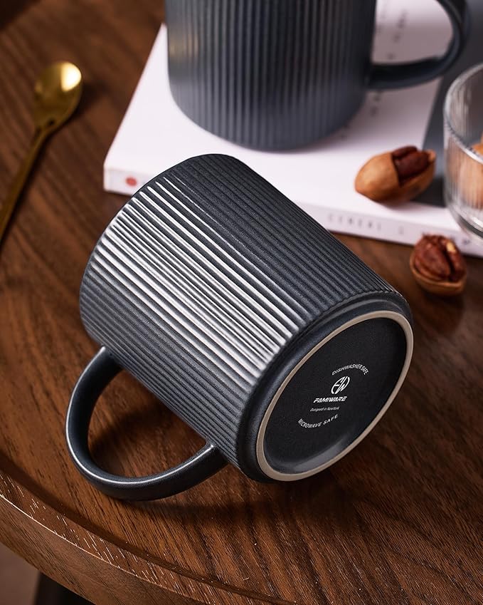 famiware Coffee Mug Set for 4, Star 16 oz Catering Mugs Cup Set with Handle for Coffee, Tea, Cocoa, Milk - Ceramic Stoneware Drinkware Set, Matte Dark Charcoal