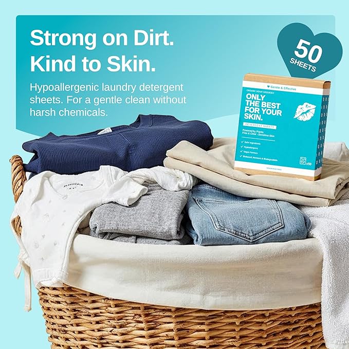 Laundry Detergent Sheets - Unscented, Hypoallergenic, Plant-Based Travel Laundry Sheets with Coconut & Soapberry Extract, Colors & Whites, 50 Pack