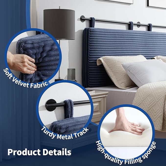 UEV King Headboard Only, Wall Mounted Hanging Upholstered Bed Head Board, Modern Vertical Channel Design of Fine Flannel, Elegant Dark Blue Fluted Headboard for Bedroom (Dark Blue, King Size)