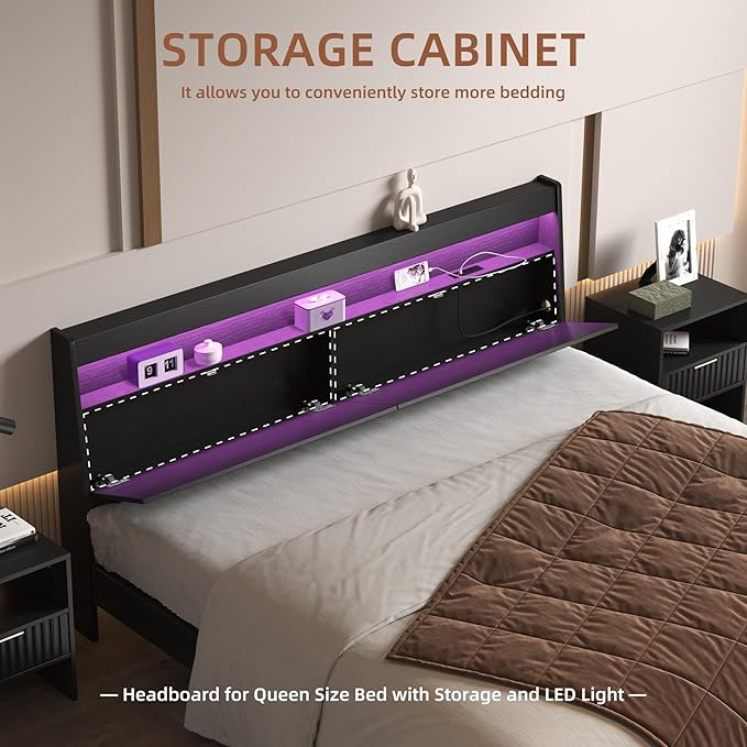 Modern Wooden Headboard Only with Storage,Wall Mount Bed Backboard with LED Light Power Outlets 2 USB Ports for Bedroom (Black, King)