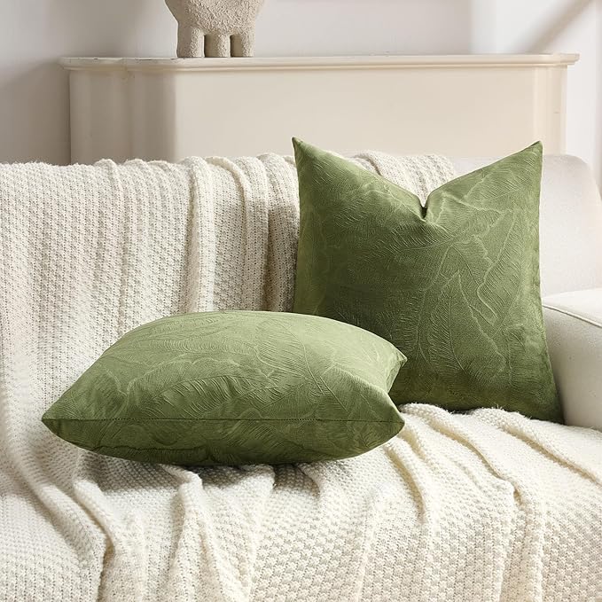 FUTEI Moss Green Velvet Throw Pillow Covers 22x22 Inch Set of 2,Soft Embossed Leaf-Relief Textured Cushion Cases,Natural Home Decor for Couch Living Room