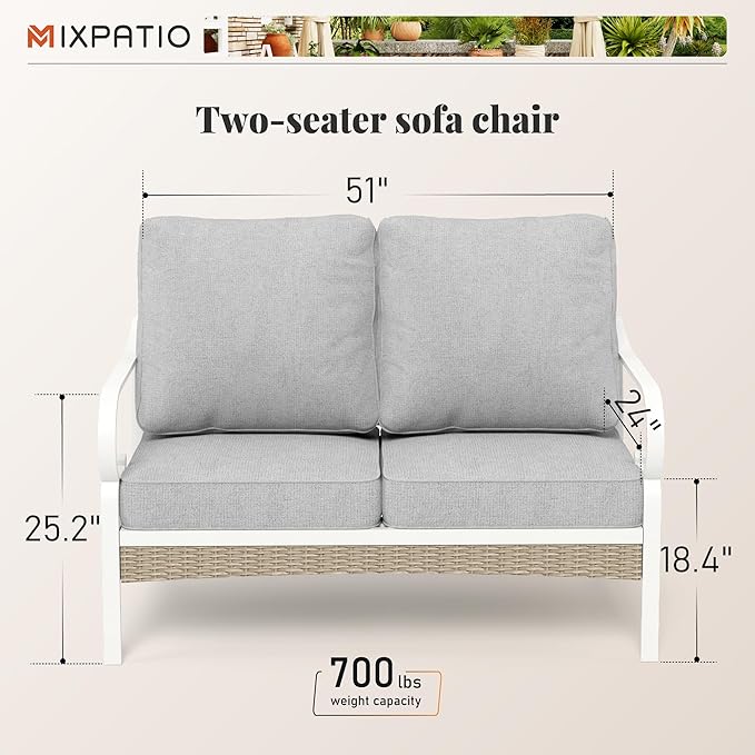 Patio Furniture Sofa, Love-Seat Patio Sofa Steel Frame Outdoor Sectional Couch with Deep Seating and 5.5” Cushions for Lawn Backyard Porch Deck, Light Gray