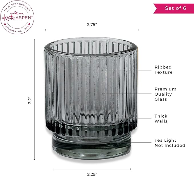 Kate Aspen Ribbed Glass Candle Holder Set - 6 Smoke Gray Tealight Holders for Home, Kitchen, Room or Living Room Decor - Vintage Tea Light Votive Accent for Table or Shelf Styling