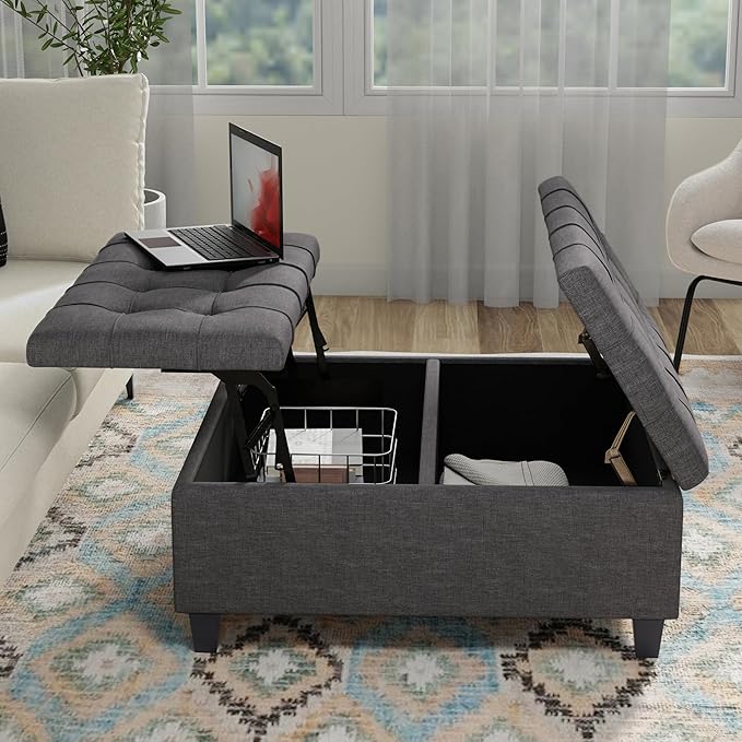 SIMPLIHOME Harrison Coffee Table Storage Ottoman - 36 inch Wide Upholstered Linen Look Fabric Square Storage Ottoman in Flint Grey, Transitional Tufted Ottoman for Living Room with Split Lift-Up Lid