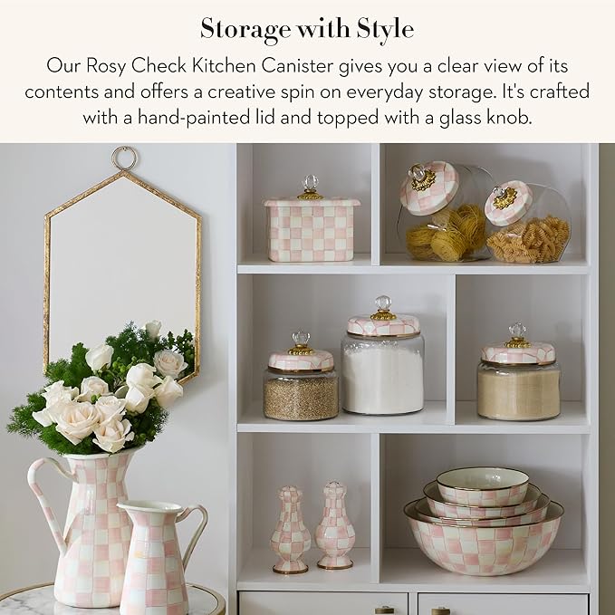 MACKENZIE-CHILDS Rosy Check Kitchen Canister, Decorative Pink-and-White Glass Storage Jar with Lid, Medium