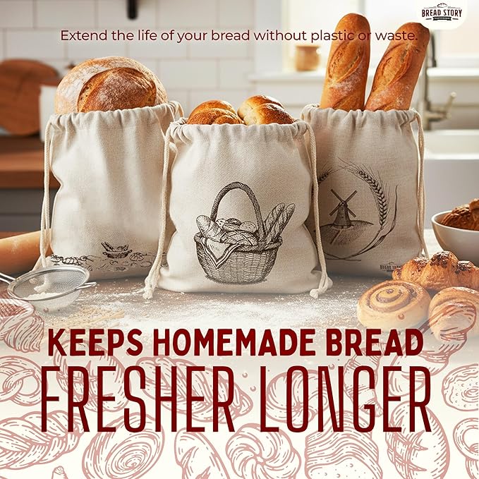Linen Bread Bag – Reusable Linen Bags for Homemade Bread & Sourdough | Cloth Bags for Sourdough, Artisan Loaves, & Pastries | Unbleached Natural Fabric with Drawstring Closure, 3-Pack, 11 x 15"