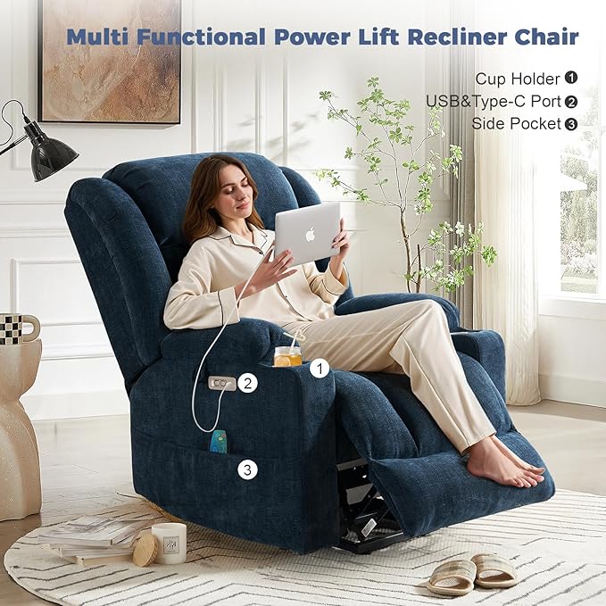 HUSFU Oversized Power Lift Recliner Chairs for Elderly with Massage and Heat, Wide Recliners Chair,Upgraded Chenille Lift Chairs w/Cup Holders, USB & Type-C Ports,Blue,2PCS