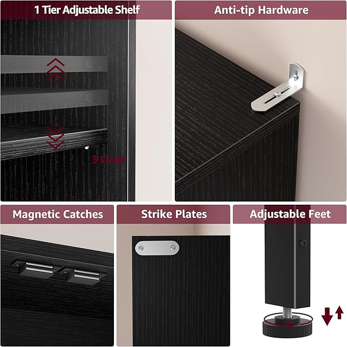 Over The Toilet Storage Cabinet - Bathroom Shelves Above Toilet Freestanding Organizer Shelf with Doors Narrow Floor Stand Rack Farmhouse Wood 71" Tall, Black