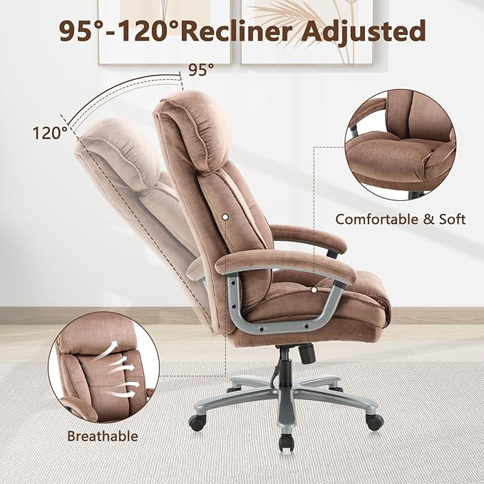 CLATINA Big and Tall Executive Office Chair, Extra Wide Seat, 800 LBS Capacity Heavy Duty Ergonomic Cloth Desk Chair with Wheels and Padded Armrests, High Back Fabric Computer Task Chair, Brown