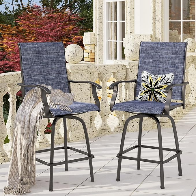 PHI VILLA Outdoor Swivel Bar Stools Set of 6, Bar Height Patio Chairs Furniture with All Weather Textilene Fabric, 30" High Top Bar Chairs for Porch, Blue