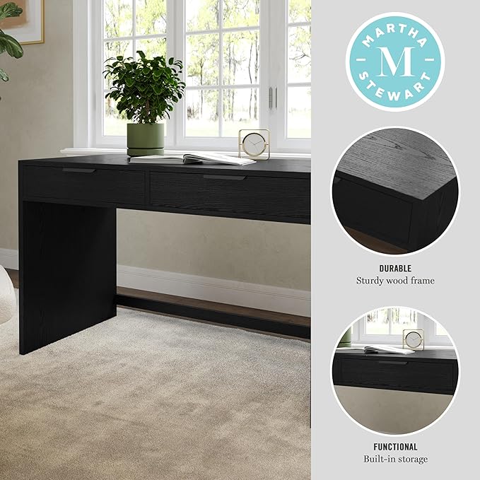 Martha Stewart Kayden Home Office Modular Desk with 2 Drawers in Black with Oil Rubbed Bronze Hardware