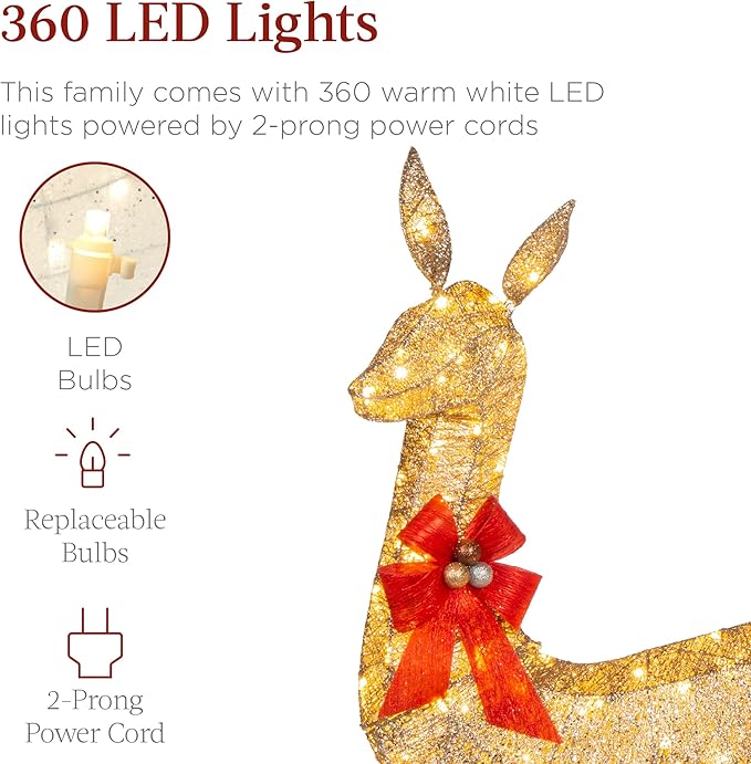 Best Choice Products 3-Piece Large Lighted Christmas Deer Family Set 5Ft Outdoor Yard Decoration with 360 LED Lights, Stakes, Zip Ties - Gold
