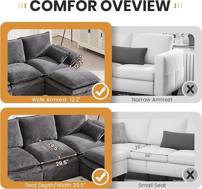 130" U Shaped Modular Sectional Sofa, Couch with Ottoman Storage, Chenille Cloud Couch with Plush Deep Seating for Living Room, Bedroom (8 Seat, Grey)
