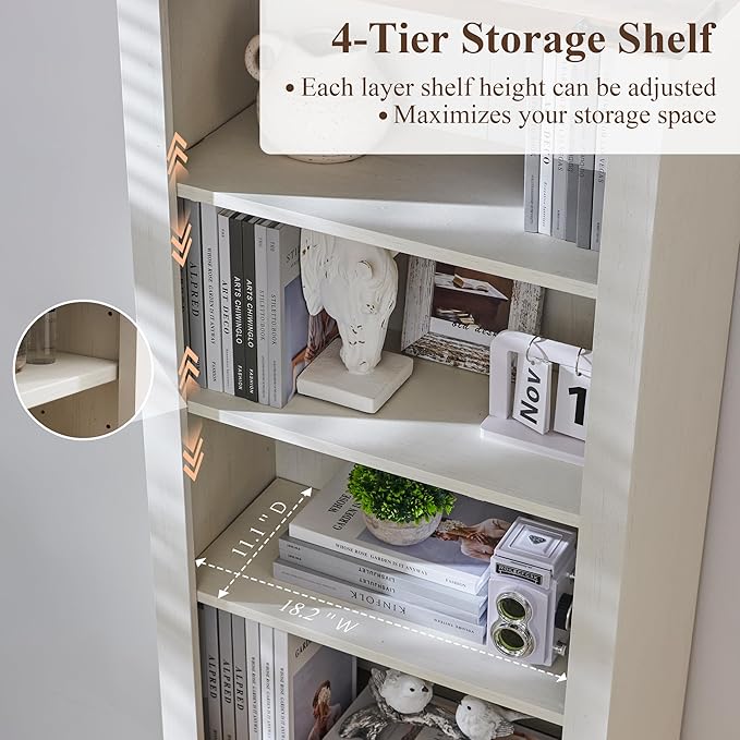 RedLemon Bookshelf with Storage Cabinet, 72" Tall Farmhouse Bookcase with Adjustable Shelves and Barn Door, 4 Tier Office Wood Bookshelf with Drawer for Office Library Living Room (Antuique White)