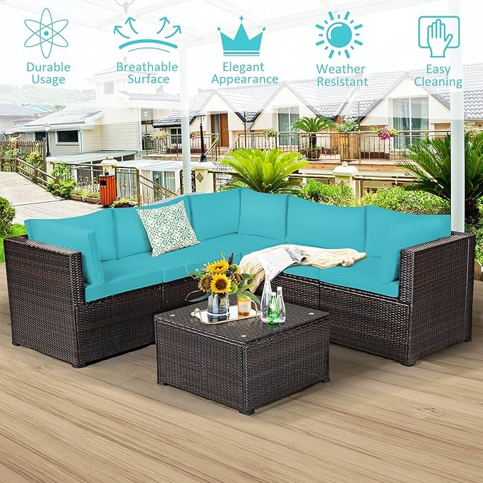 Tangkula 6 Pieces Patio Furniture Set, Outdoor Rattan Sofa Set, Wicker Conversation Set w/Tempered Glass Coffee Table & Cushions, Sectional Sofa Set for Backyard, Garden, Balcony, Poolside