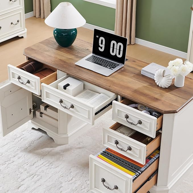 RedLemon 60" Executive Desk with Drawers,Wood Home Office Desk, Featuring Keyboard Tray,Charging Station,File Drawer, Storage Cabinet,for Work and Study (Antique White)