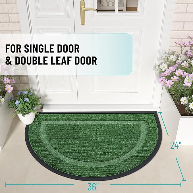 OLANLY Half Circle Door Mat Indoor Outdoor Entrance Welcome, Waterproof All-Season, All-Weather Doormat, Sturdy Natural Rubber, Low Profile, Easy Clean Patio Porch Entryway Mat, 36x24, Green