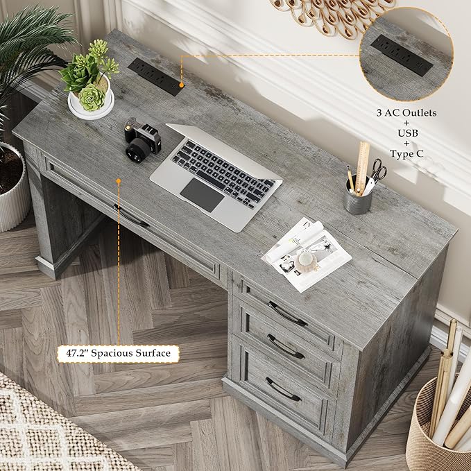 Farmhouse 47" Executive Desk, Computer Desk with Drawers and File Drawer, Workstation Computer Desk with Charging Station for Home Office,Study,（Grey）
