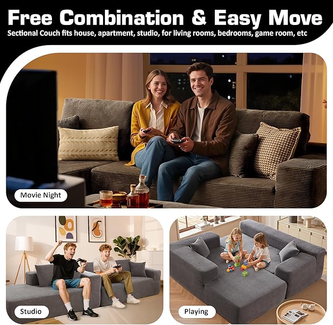 106" Cloud Sectional Couch with L-Shape Chaise & Ottoman, No Assembly Modular Sofa, Deep Seat Corduroy Boneless Couched for Living Room (Gray Stripe Corduroy, Left Facing Chaise with Ottoman)