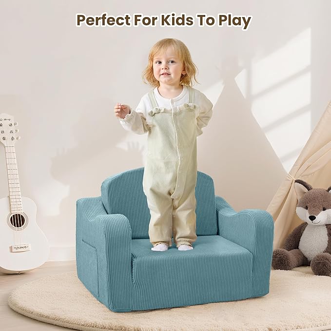 Comfy Toddler Chair for Kids, 2-in-1 Toddler Soft Plush Couch Fold Out, Convertible Kids Couch to Lounger, Baby Sofa for Boys and Girls, Blue