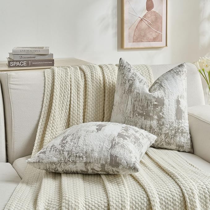 FUTEI Grey White Decorative Throw Pillow Covers 16x16 Inch Set of 2,Soft Faux Cashmere Jacquard - Textured & Cozy Cushion Case,Modern Home Decor for Couch Bed Living Room