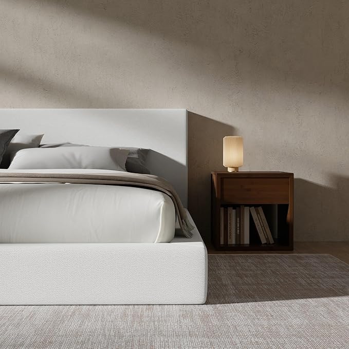 RECCI Cloud Upholstered Queen Bed Frame with Headboard, 5 Inch Foam Padded Platform, No Box Spring, Easy Assembly (Off-White)