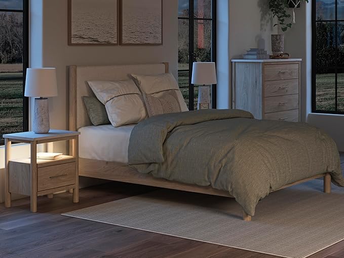 Signature Design by Ashley Cadmori Bohemian 5-Drawer Chest of Drawers with Safety Stop and Post Legs, White & Light Brown