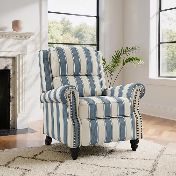 Lumibee Pushback Recliner Chair,Upholstered Wingback Chair for Small Spaces,Floral Fabric for Living Room,Single Sofa Accent Chair Reading Seat for Balcony,Bedroom-Striple Navy