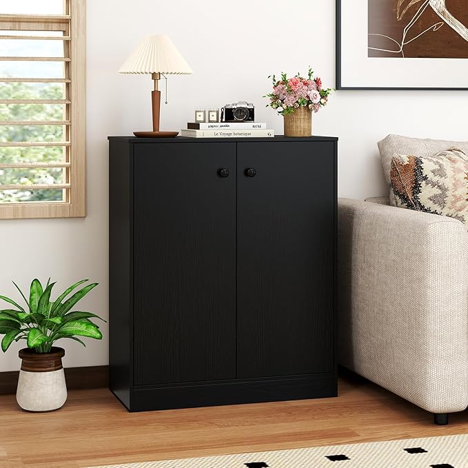 GOFLAME Floor Storage Cabinet with 2 Doors, Freestanding Accent Storage Cabinet Organizer with 3-Tier Inner Shelves, Modern Sideboard Buffet Cabinet for Kitchen, Living Room, Entryway, Black
