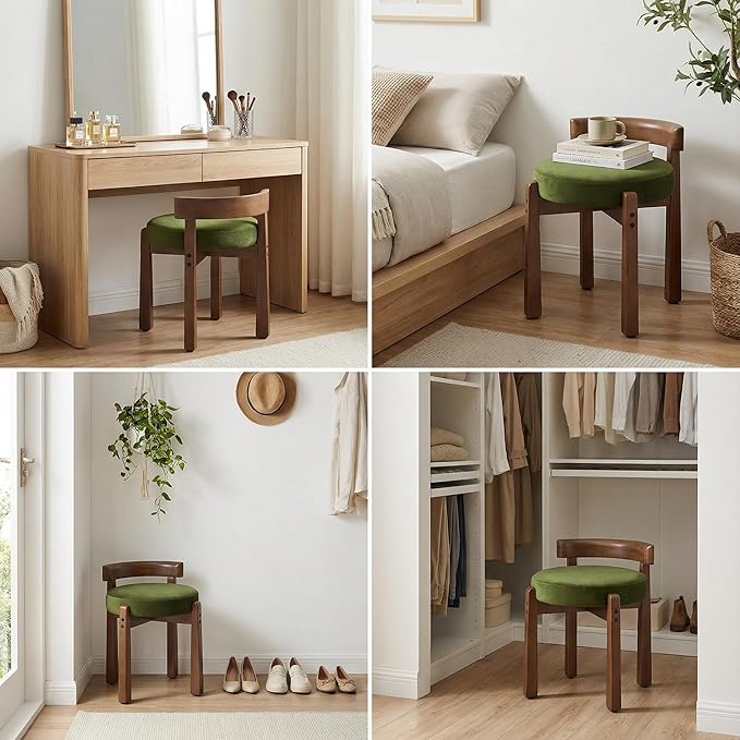HNY Velvet Makeup Vanity in Vintage Green: Compact Round Ottoman Chair with Wooden Legs, Perfect for Small Spaces Like Entryway, Cloakroom & Boudoir