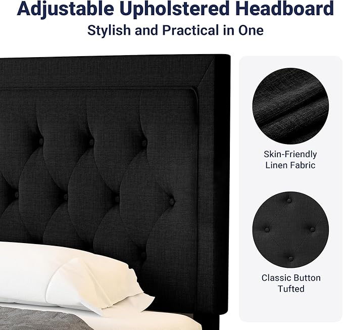Allewie Full Size Upholstered Platform Bed Frame with Adjustable Headboard, Button Tufted, Wood Slat Support, Easy Assembly, Black