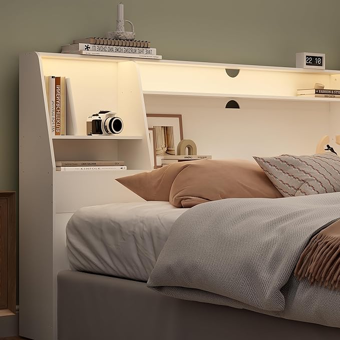 King Size Headboard Only for Bed, Wood Bookcase Headboard with Charging Station & 2 LED Lights, Modern King Bookshelf Headboard with Storage, Noise-Free, Sturdy and Durable, White